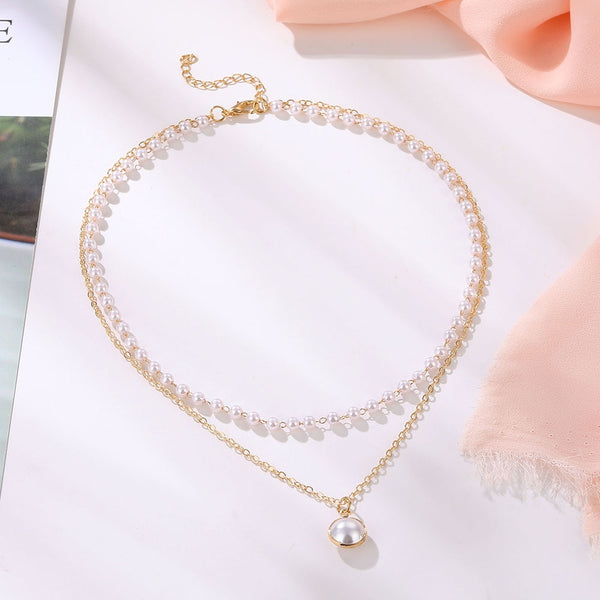 New Double Layer Chain Gold Color Choker Necklace korean style with Pearl Pendant