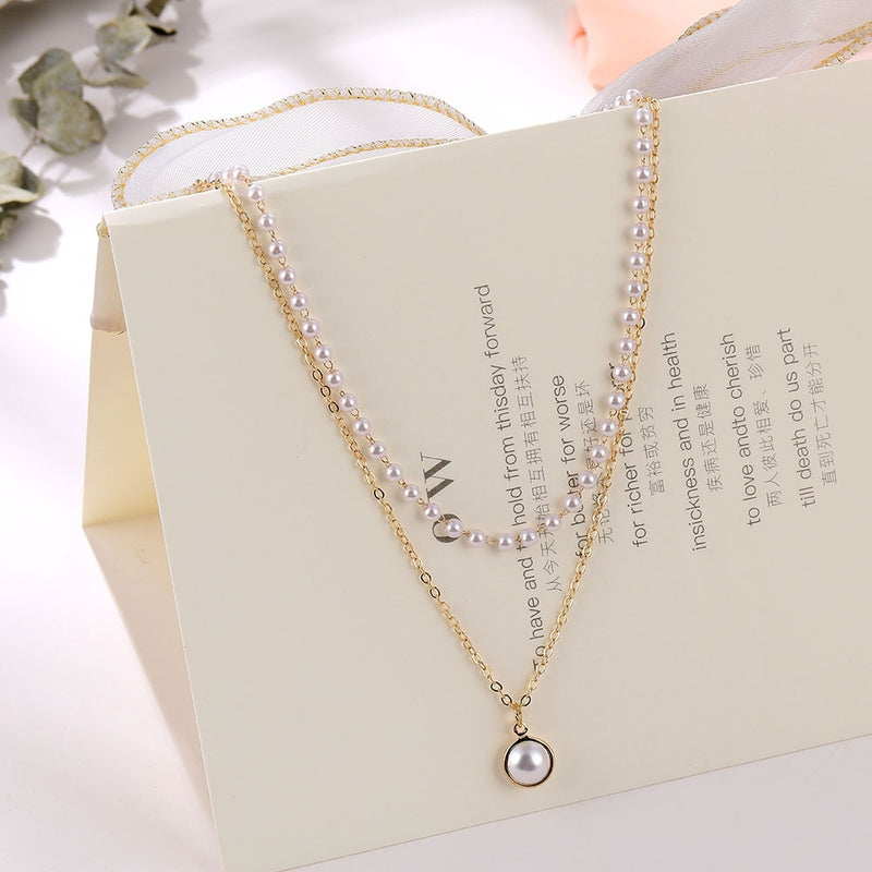 New Double Layer Chain Gold Color Choker Necklace korean style with Pearl Pendant