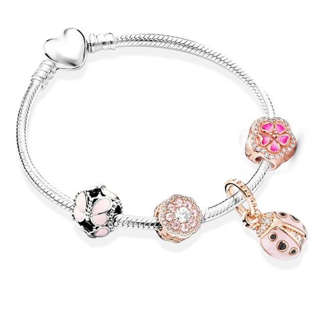 European Heart Pendant Charm Bracelet Rose Gold for Women