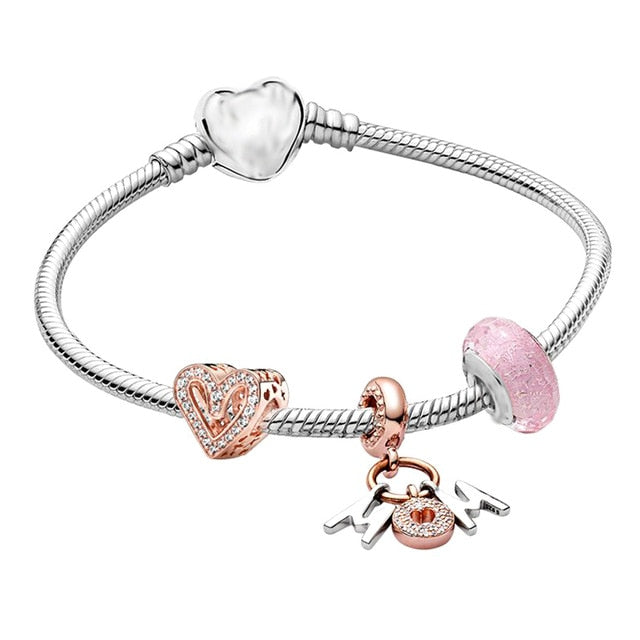 European Heart Pendant Charm Bracelet Rose Gold for Women