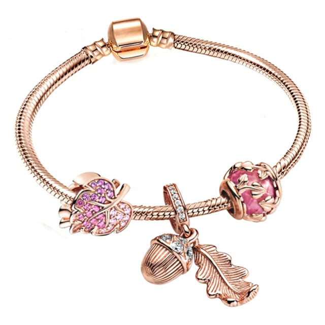 European Heart Pendant Charm Bracelet Rose Gold for Women