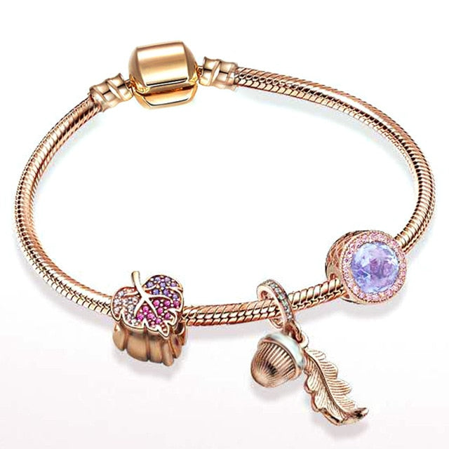 European Heart Pendant Charm Bracelet Rose Gold for Women