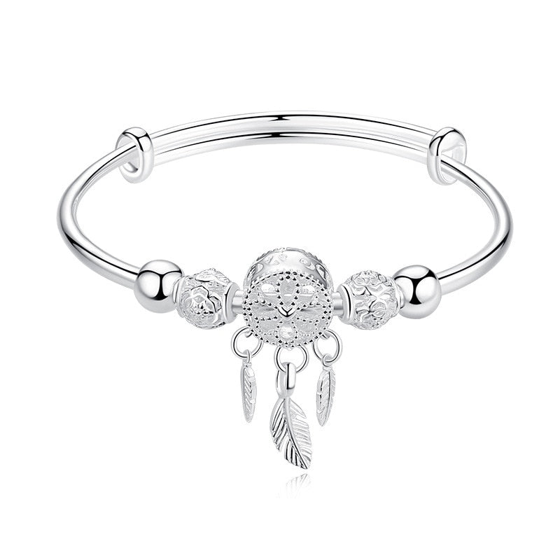 Sterling Silver Tassel Feather Round Bead Charm Bracelet for Women