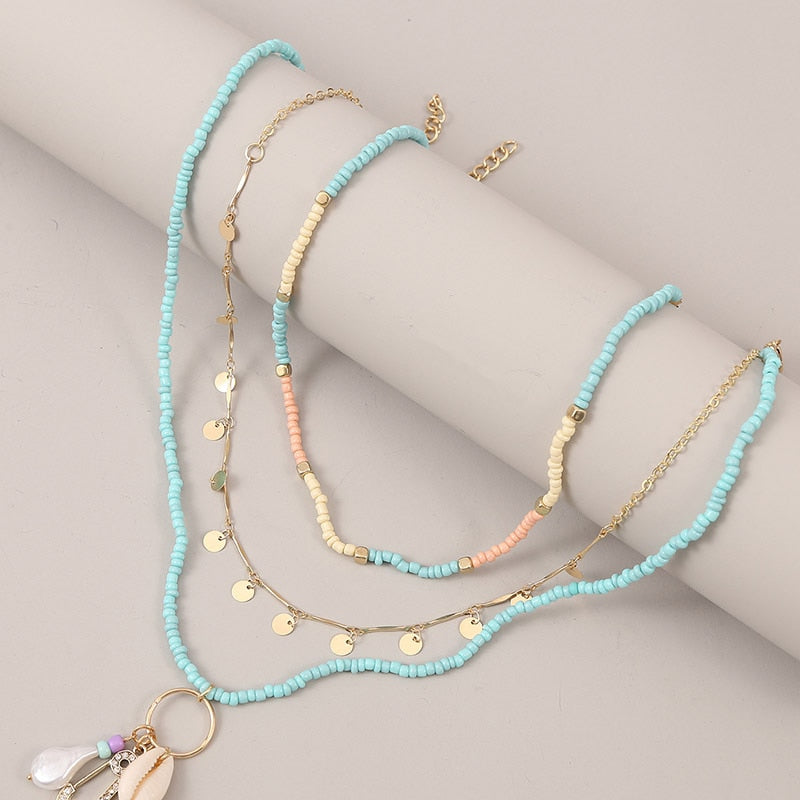 Fashion Blue Glass Beaded Long Necklace Beach Style 3 Pcs/set