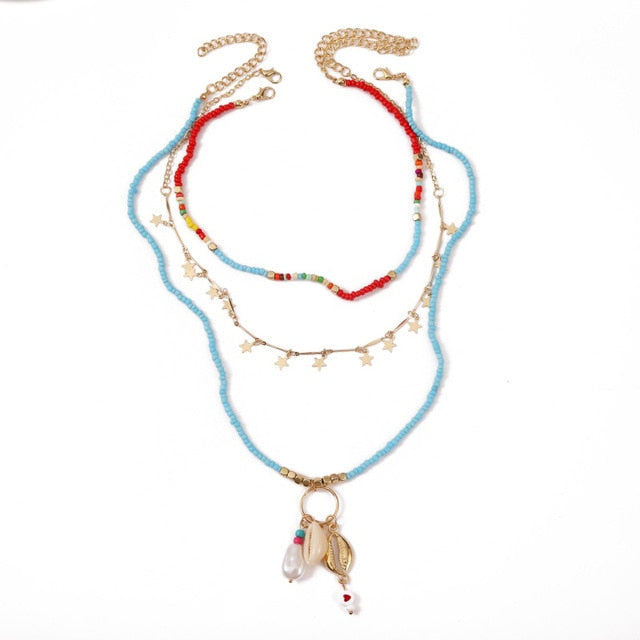 Fashion Blue Glass Beaded Long Necklace Beach Style 3 Pcs/set