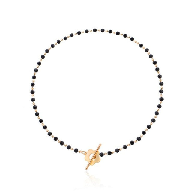 Luxury Black Crystal Bead Choker Necklace with Flower Lock for Women