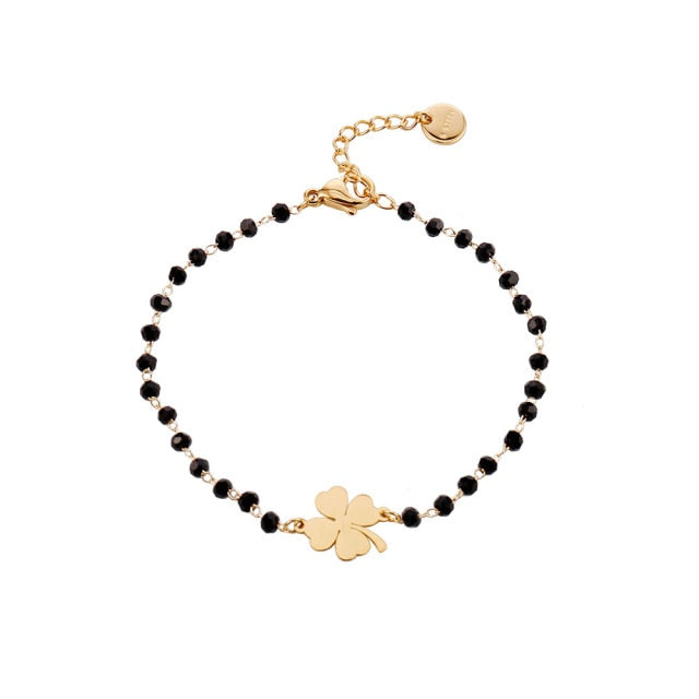 Rose Gold Clover Stainless Steel Charm Bracelets Crystal Beads for Women