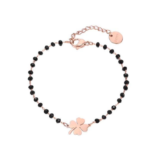 Rose Gold Clover Stainless Steel Charm Bracelets Crystal Beads for Women