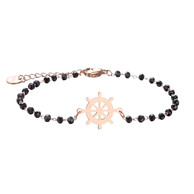 Rose Gold Clover Stainless Steel Charm Bracelets Crystal Beads for Women