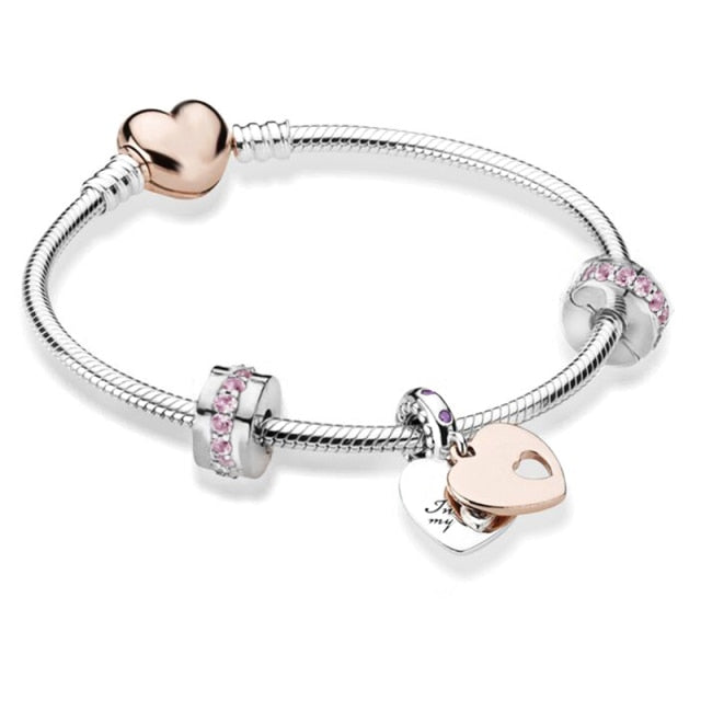 European Heart Pendant Charm Bracelet Rose Gold for Women