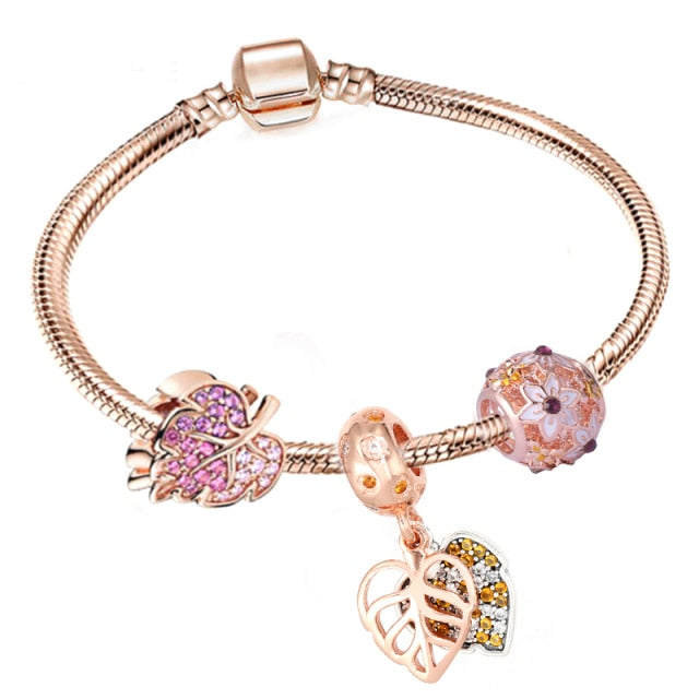 European Heart Pendant Charm Bracelet Rose Gold for Women