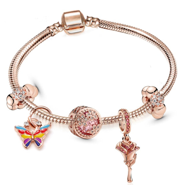 European Heart Pendant Charm Bracelet Rose Gold for Women