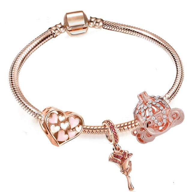 European Heart Pendant Charm Bracelet Rose Gold for Women