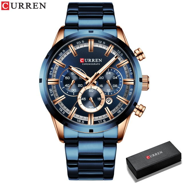 Waterproof Luxury Blue Watch Stainless Steel Band For Bussines Mens