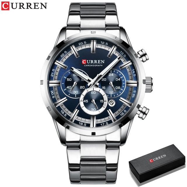 Waterproof Luxury Blue Watch Stainless Steel Band For Bussines Mens