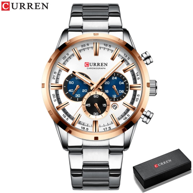 Waterproof Luxury Blue Watch Stainless Steel Band For Bussines Mens