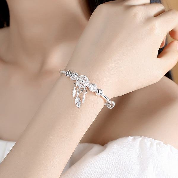 Sterling Silver Tassel Feather Round Bead Charm Bracelet for Women