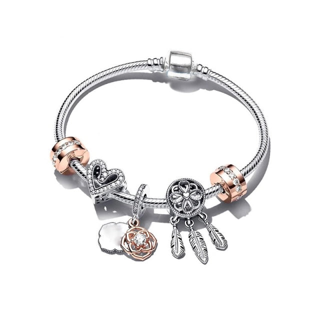 European Heart Pendant Charm Bracelet Rose Gold for Women