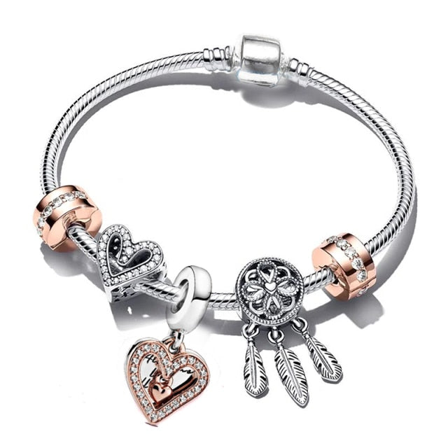 European Heart Pendant Charm Bracelet Rose Gold for Women