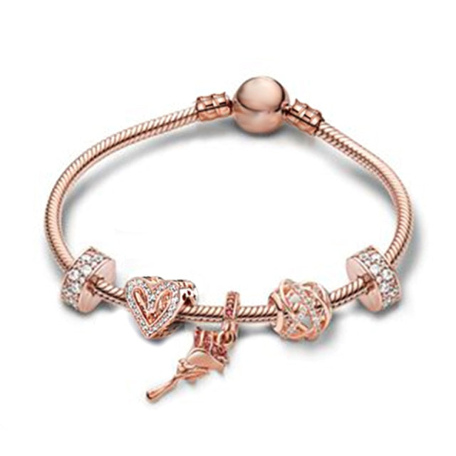 European Heart Pendant Charm Bracelet Rose Gold for Women