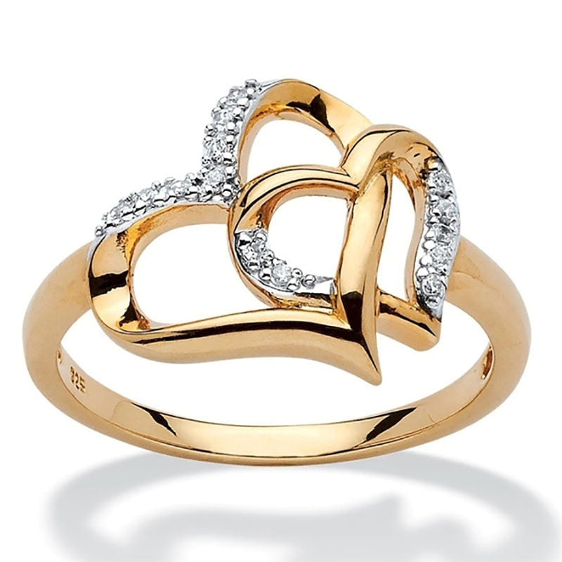 Delicate Double Heart Ring Crystal Gold Rose for Womens