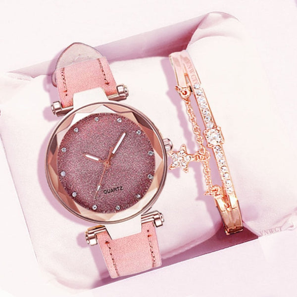 Casual Romantic Sky Wrist Watch Bracelet Leather Rhinestone Designer for Womens