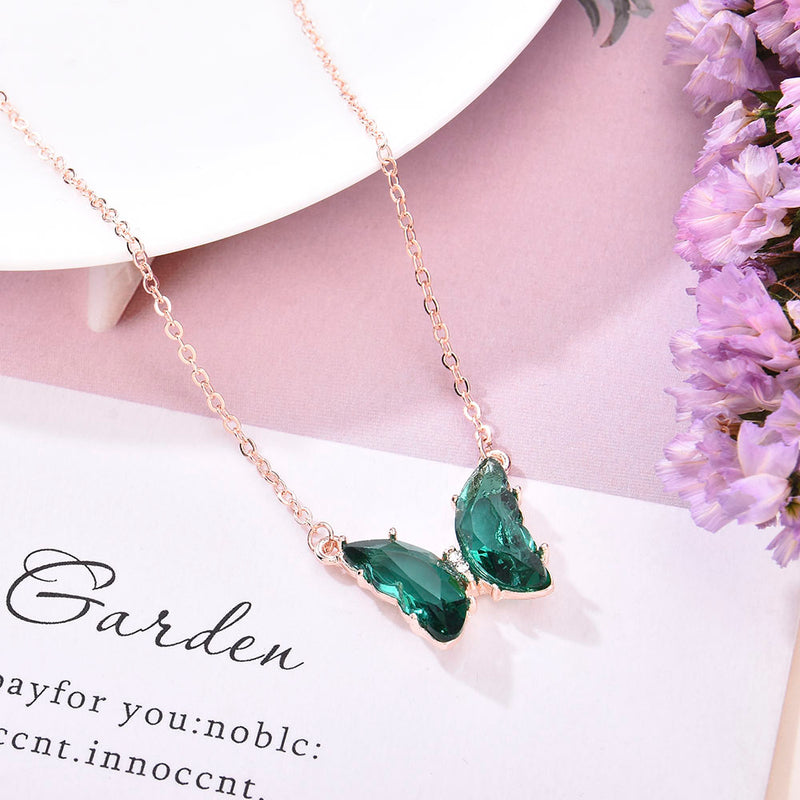 Glass Crystal Butterfly Pendant Necklace for Women