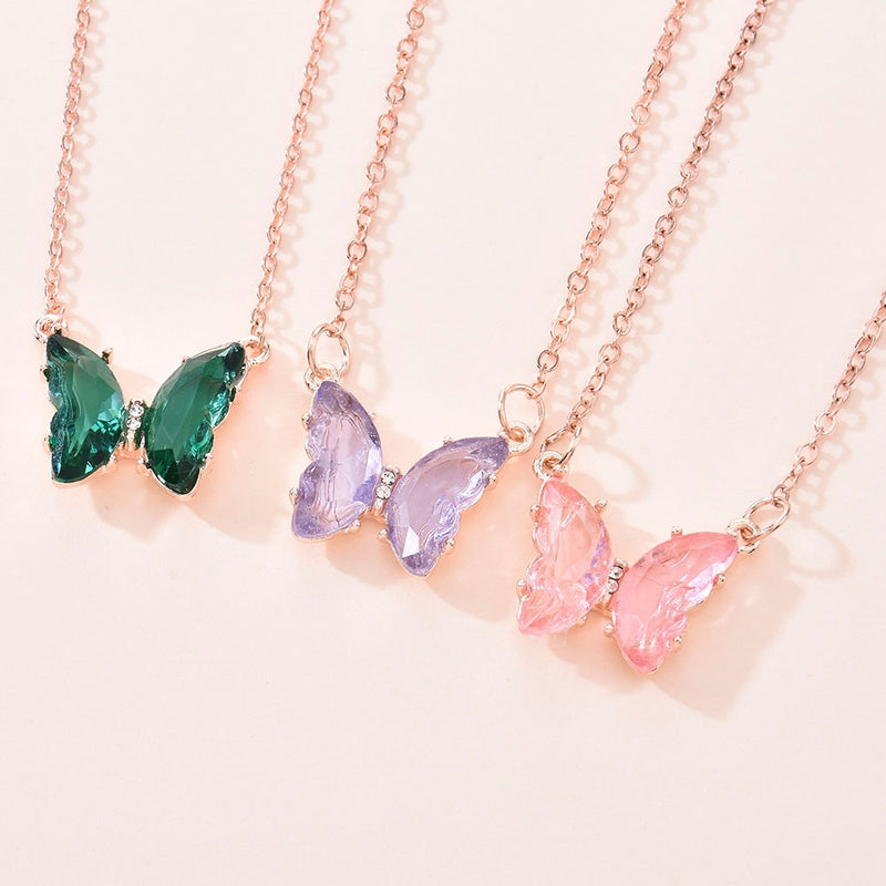 Glass Crystal Butterfly Pendant Necklace for Women