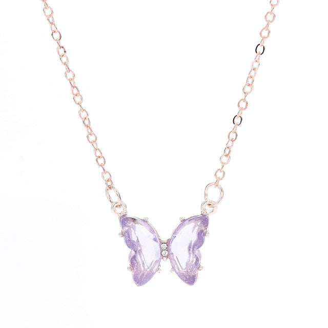 Glass Crystal Butterfly Pendant Necklace for Women