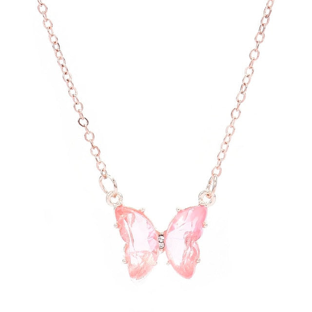 Glass Crystal Butterfly Pendant Necklace for Women