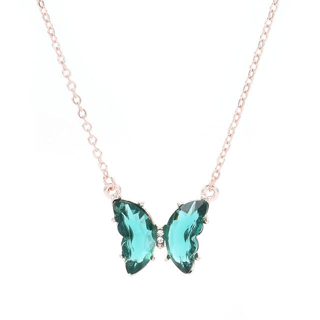 Glass Crystal Butterfly Pendant Necklace for Women