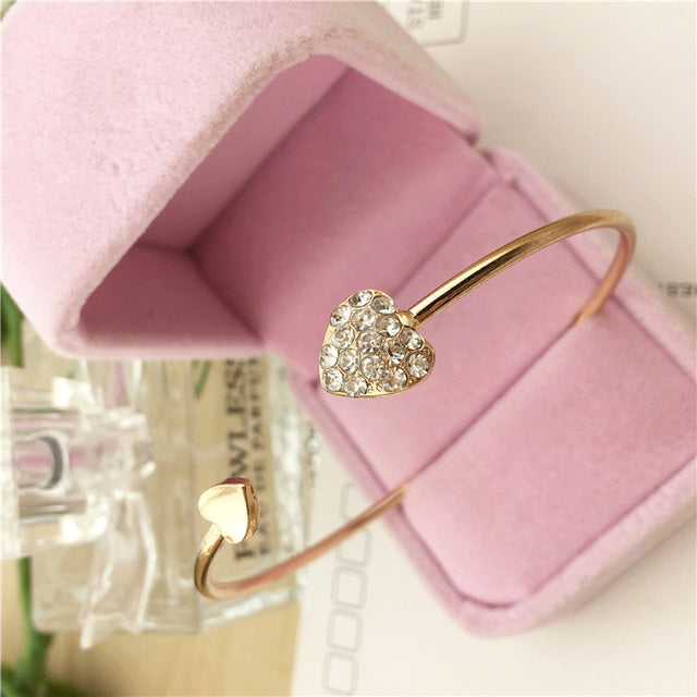 Hot New Fashion Adjustable Crystal Double Heart Bow Bilezik Cuff Opening Bracelet For Women