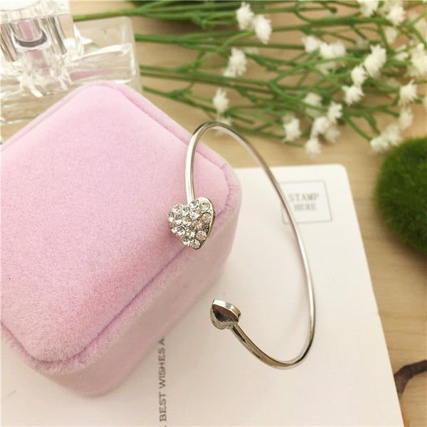 Hot New Fashion Adjustable Crystal Double Heart Bow Bilezik Cuff Opening Bracelet For Women